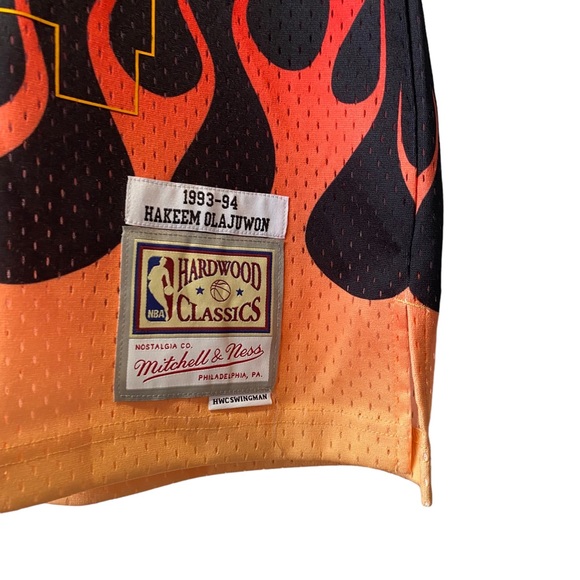 NWOT Mitchell & Ness Houston Rockets Olajuwon 34 Flame Fire Jersey Mens Small - Picture 2 of 6